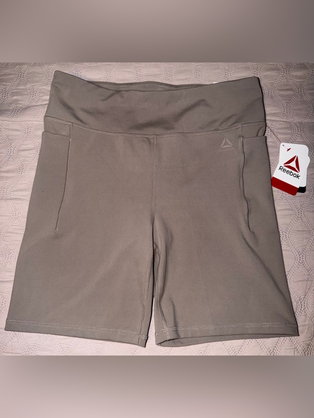 Reebok Women’s High-Waist Bike Shorts — Taupe Gray